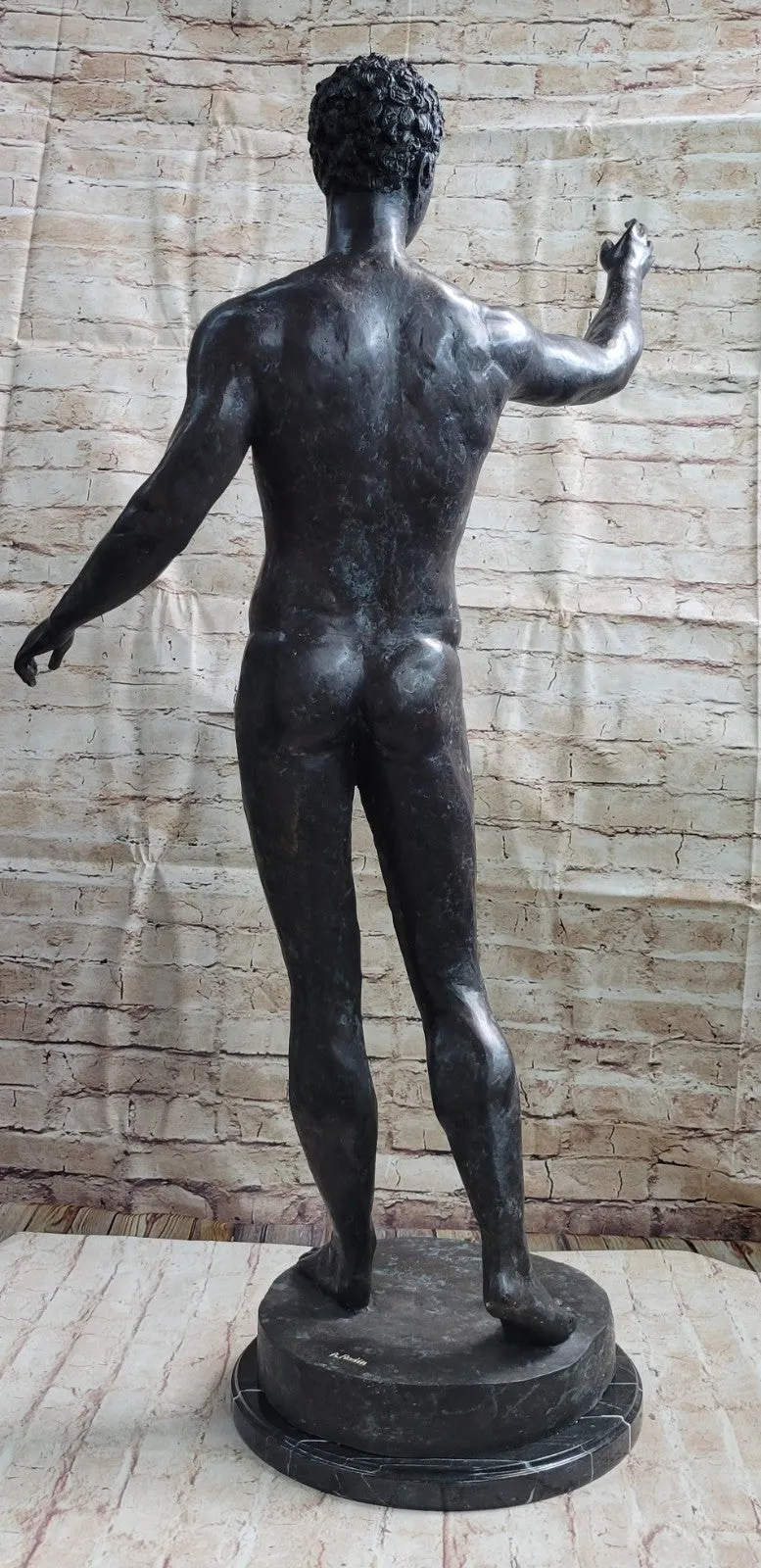 Classic Rodin Age of Bronze Elegant Male Nude Figure Marble Statue Sculpture