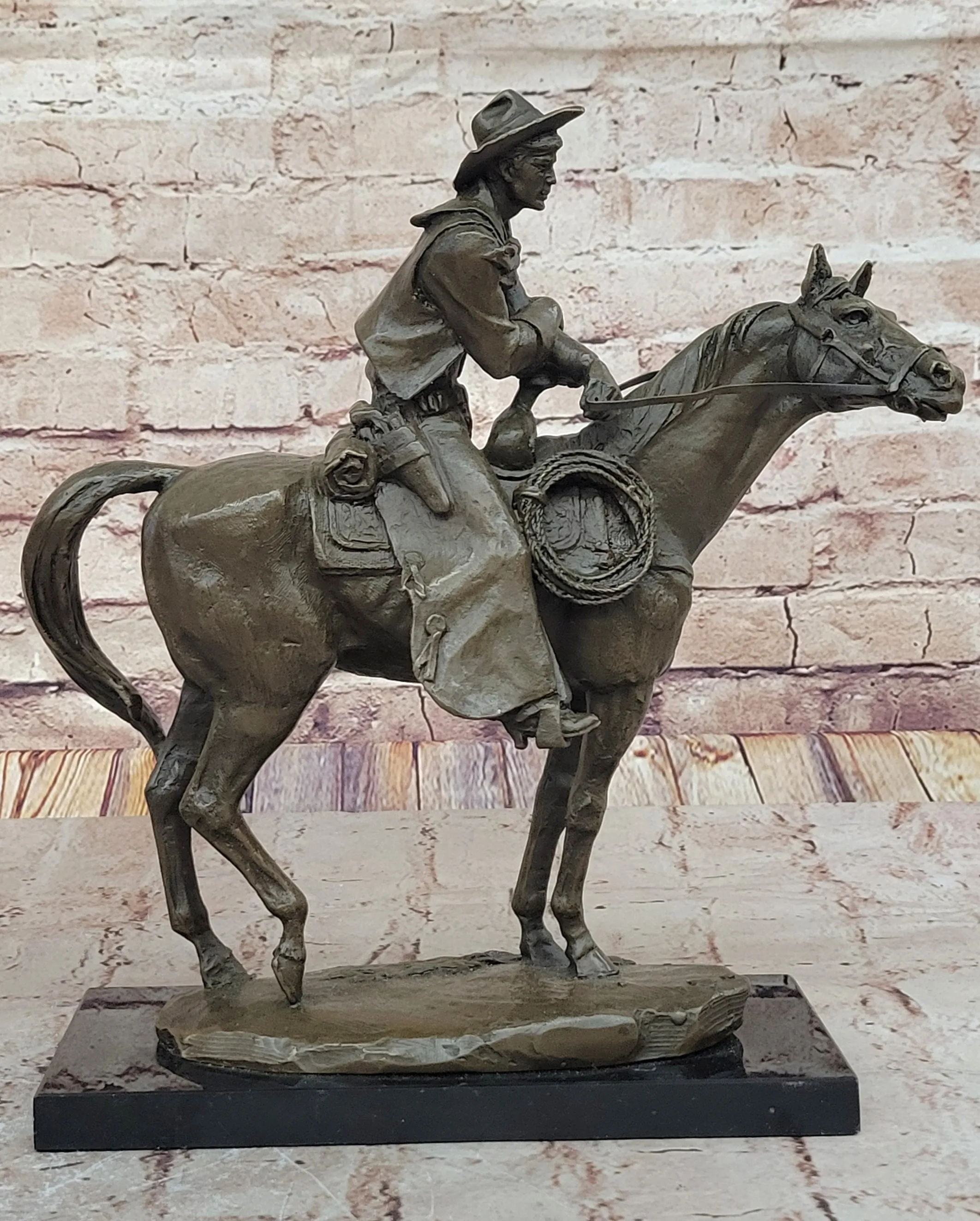 Cowboy on Horseback by Jim Ponter Bronze Statue Sculpture on Marble Base