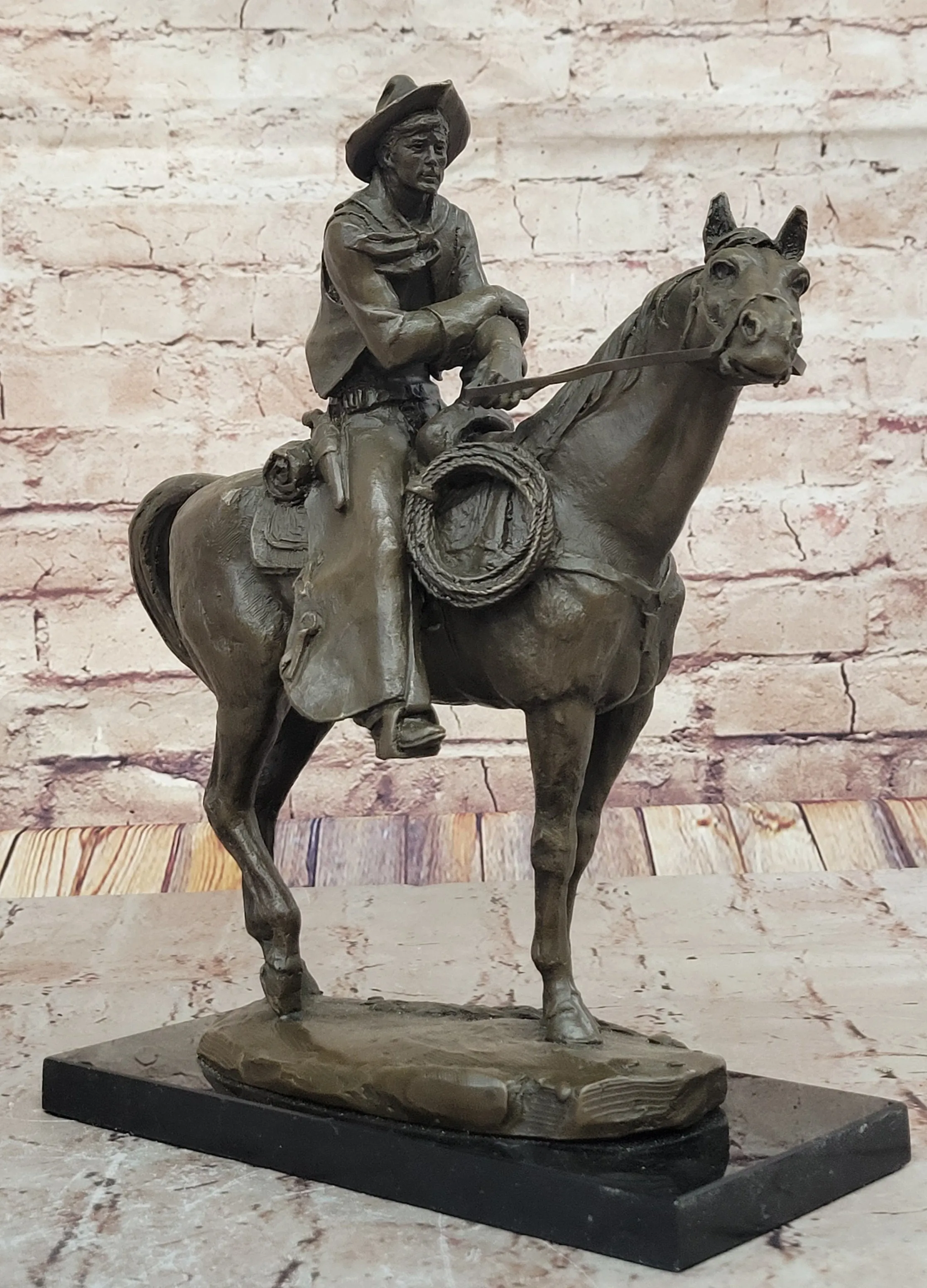 Cowboy on Horseback by Jim Ponter Bronze Statue Sculpture on Marble Base