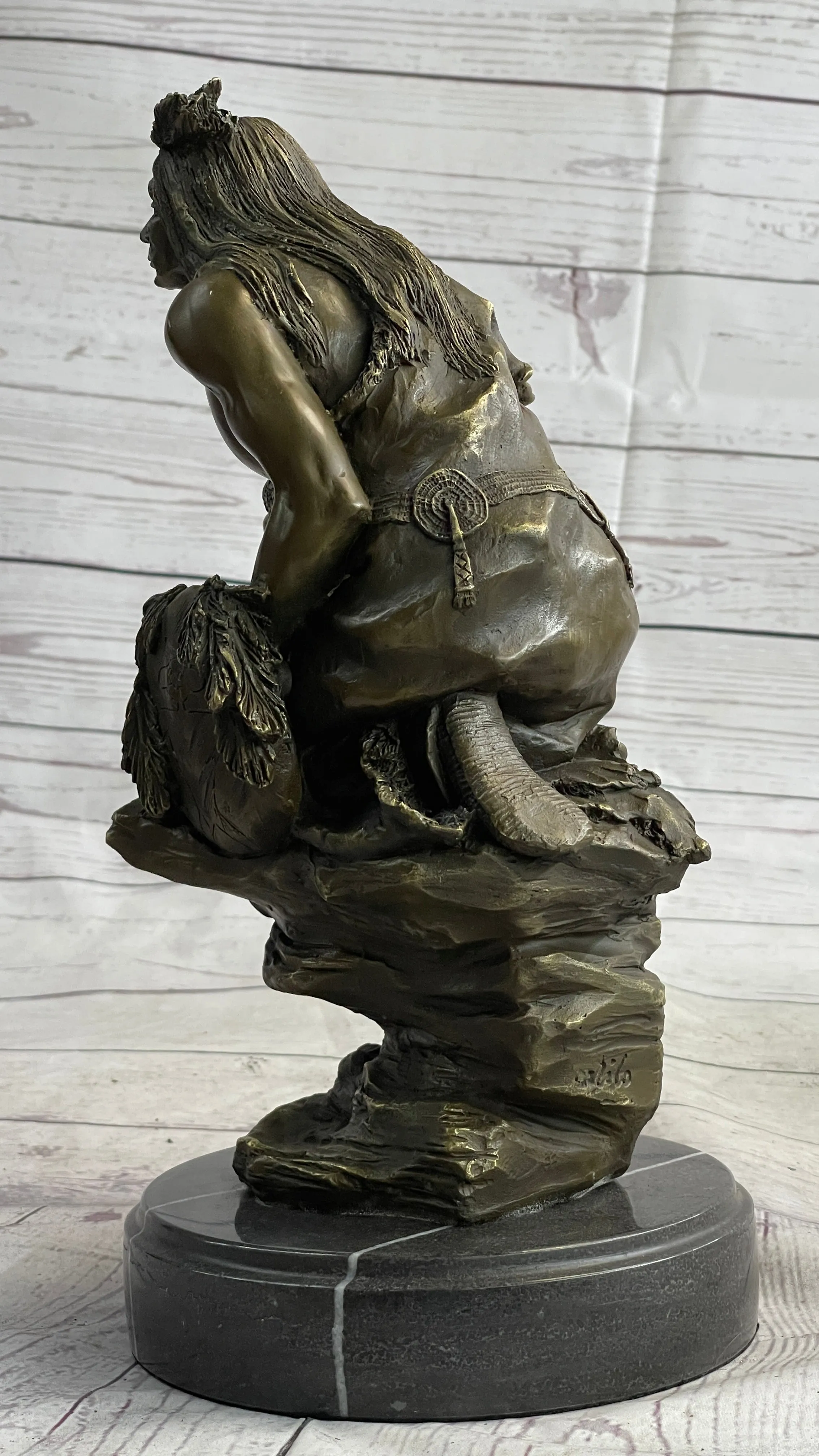 Native American Indian Warrior Squatting on Rock Bronze Sculpture Statue Marble Base