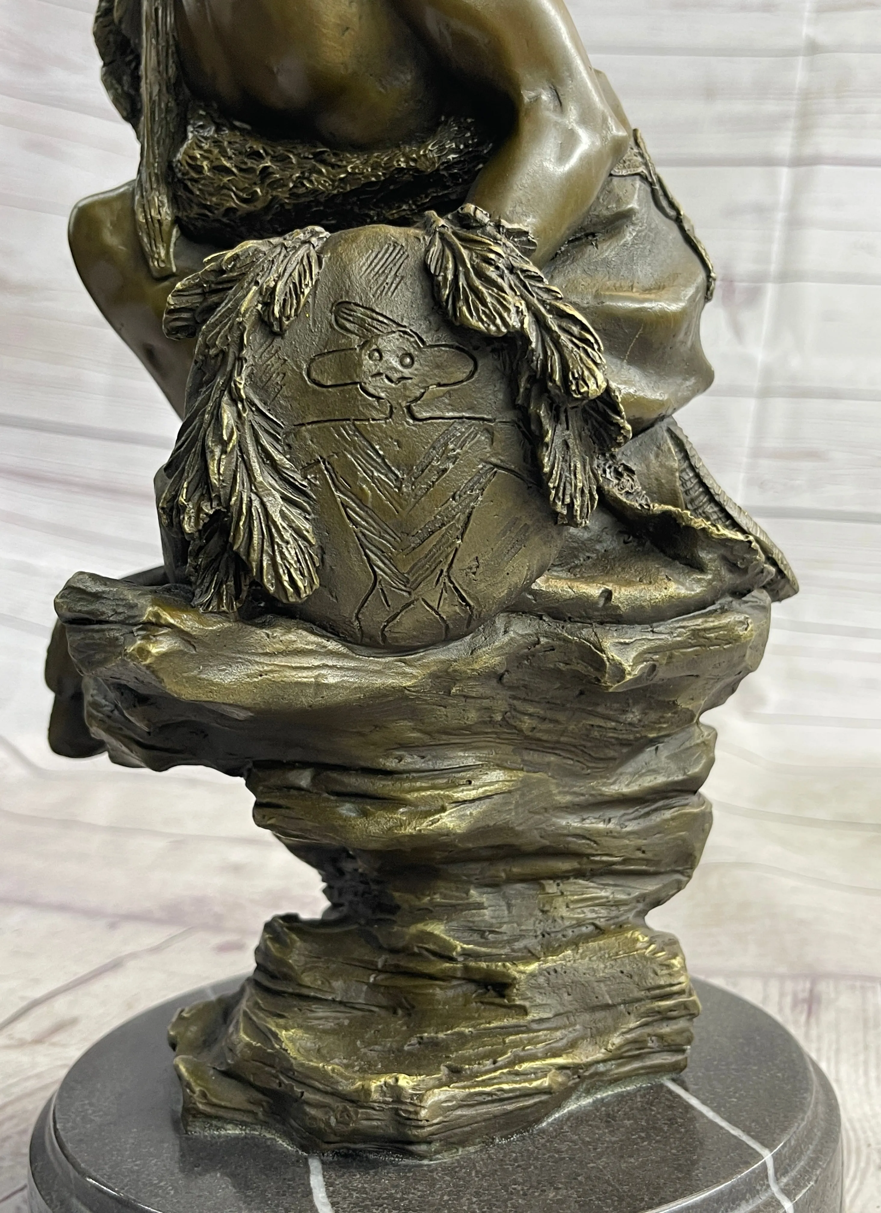 Native American Indian Warrior Squatting on Rock Bronze Sculpture Statue Marble Base