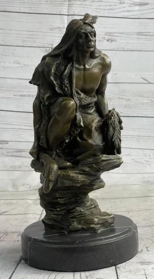 Native American Indian Warrior Squatting on Rock Bronze Sculpture Statue Marble Base