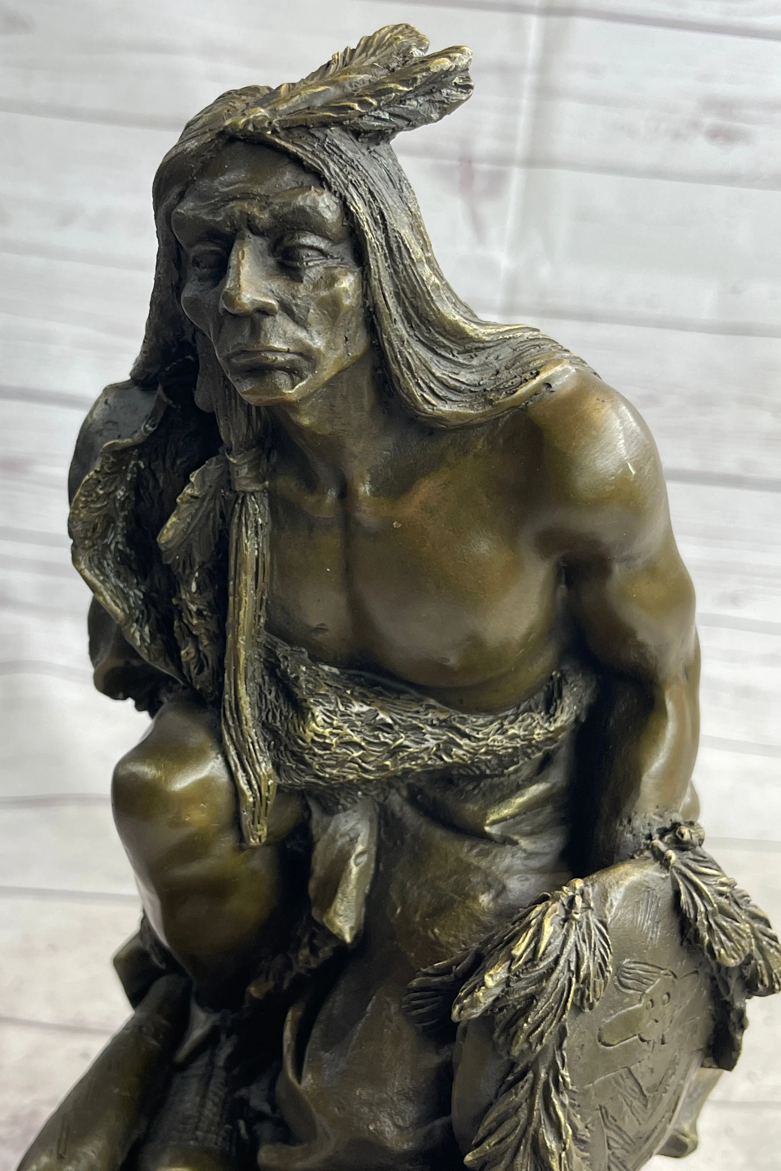 Native American Indian Warrior Squatting on Rock Bronze Sculpture Statue Marble Base