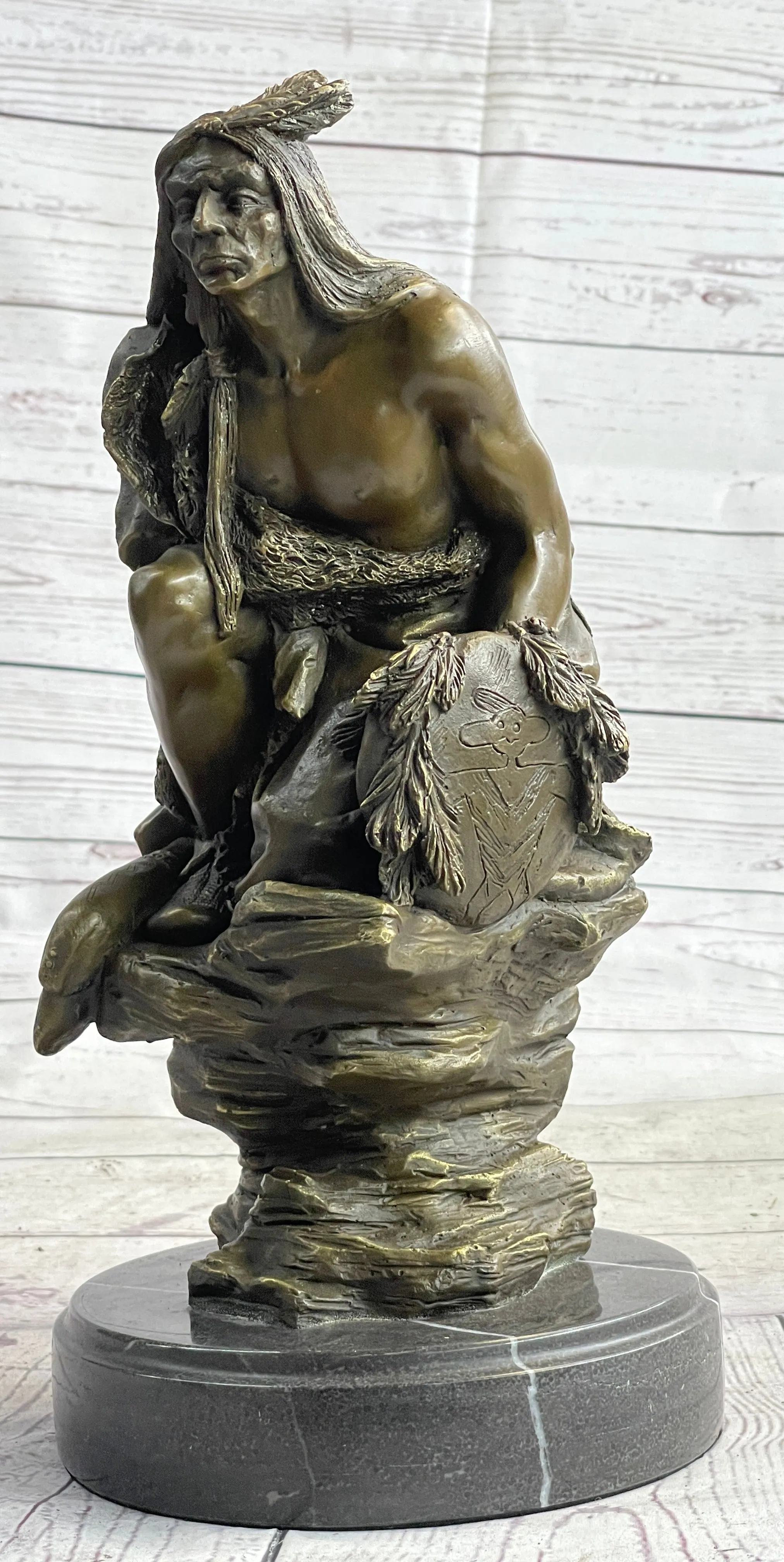 Native American Indian Warrior Squatting on Rock Bronze Sculpture Statue Marble Base