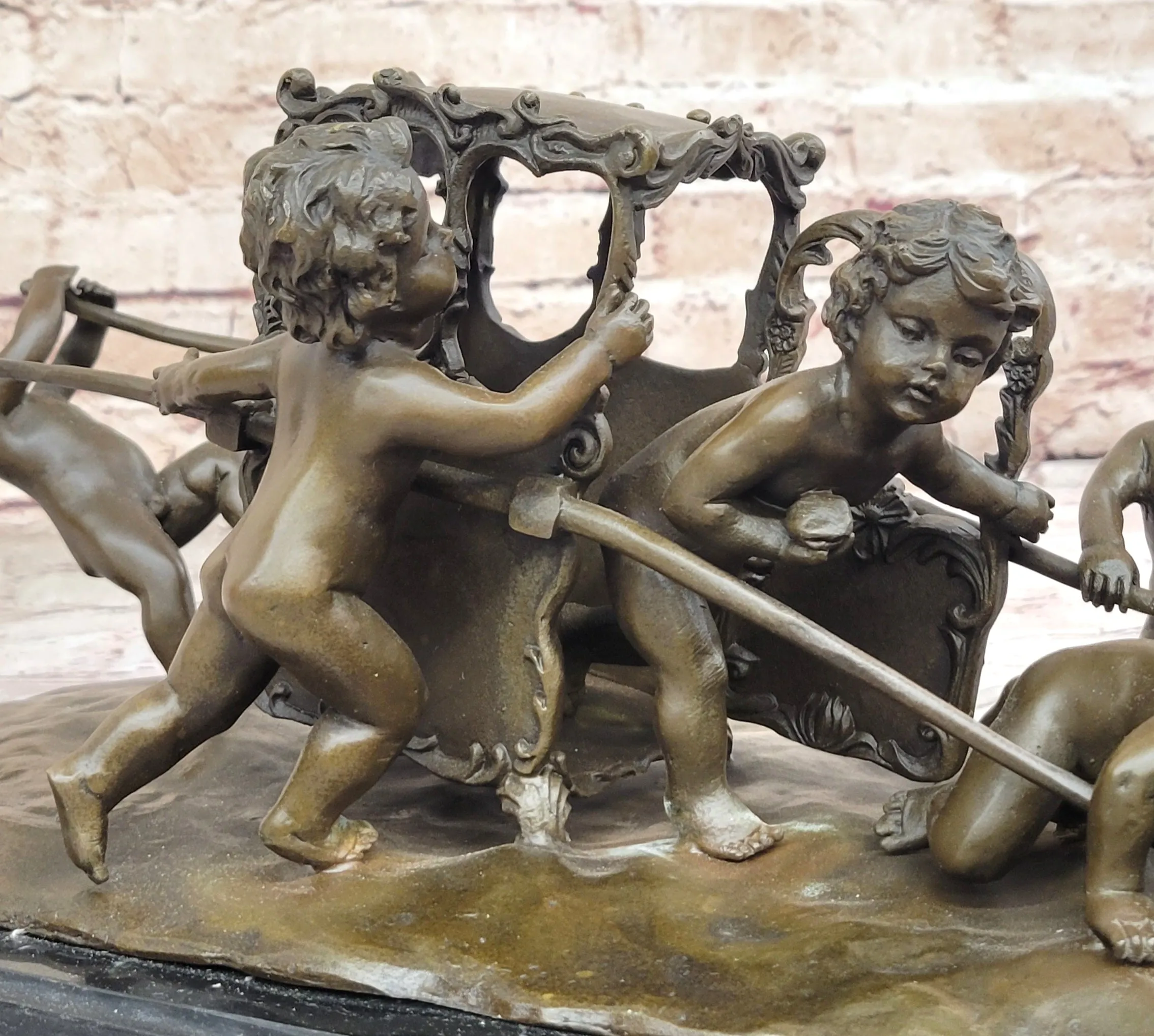 Puttis Pulling a Chariot - Bronze Sculpture of Cherubim Children by Louis Gossin