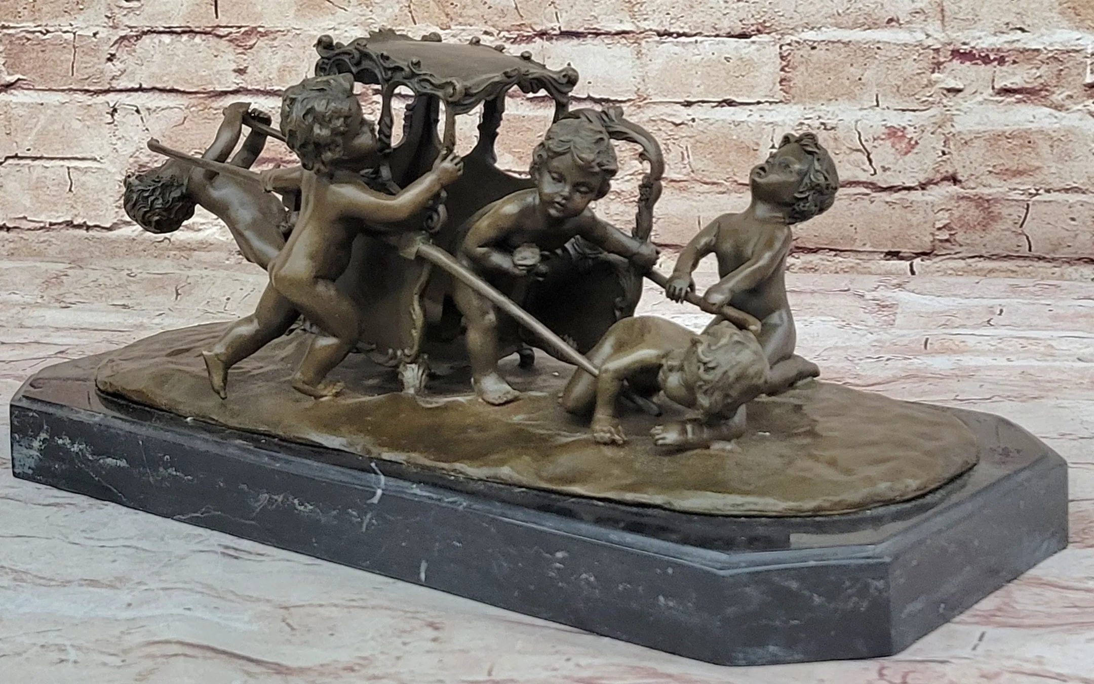 Puttis Pulling a Chariot - Bronze Sculpture of Cherubim Children by Louis Gossin