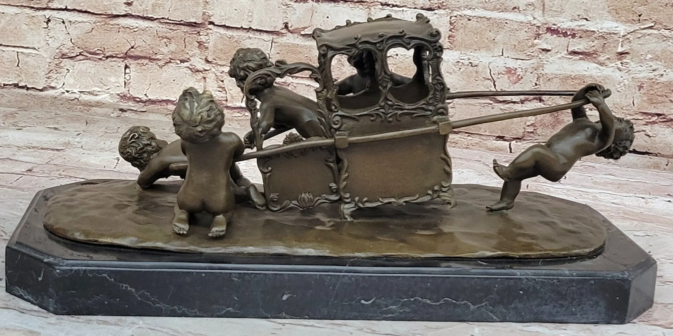 Puttis Pulling a Chariot - Bronze Sculpture of Cherubim Children by Louis Gossin