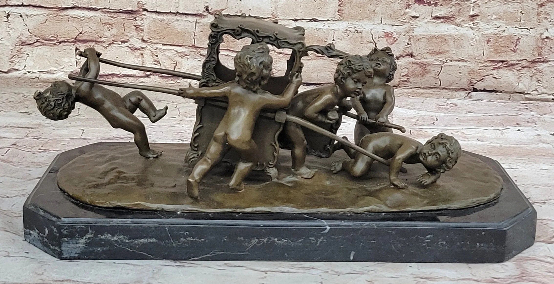 Puttis Pulling a Chariot - Bronze Sculpture of Cherubim Children by Louis Gossin