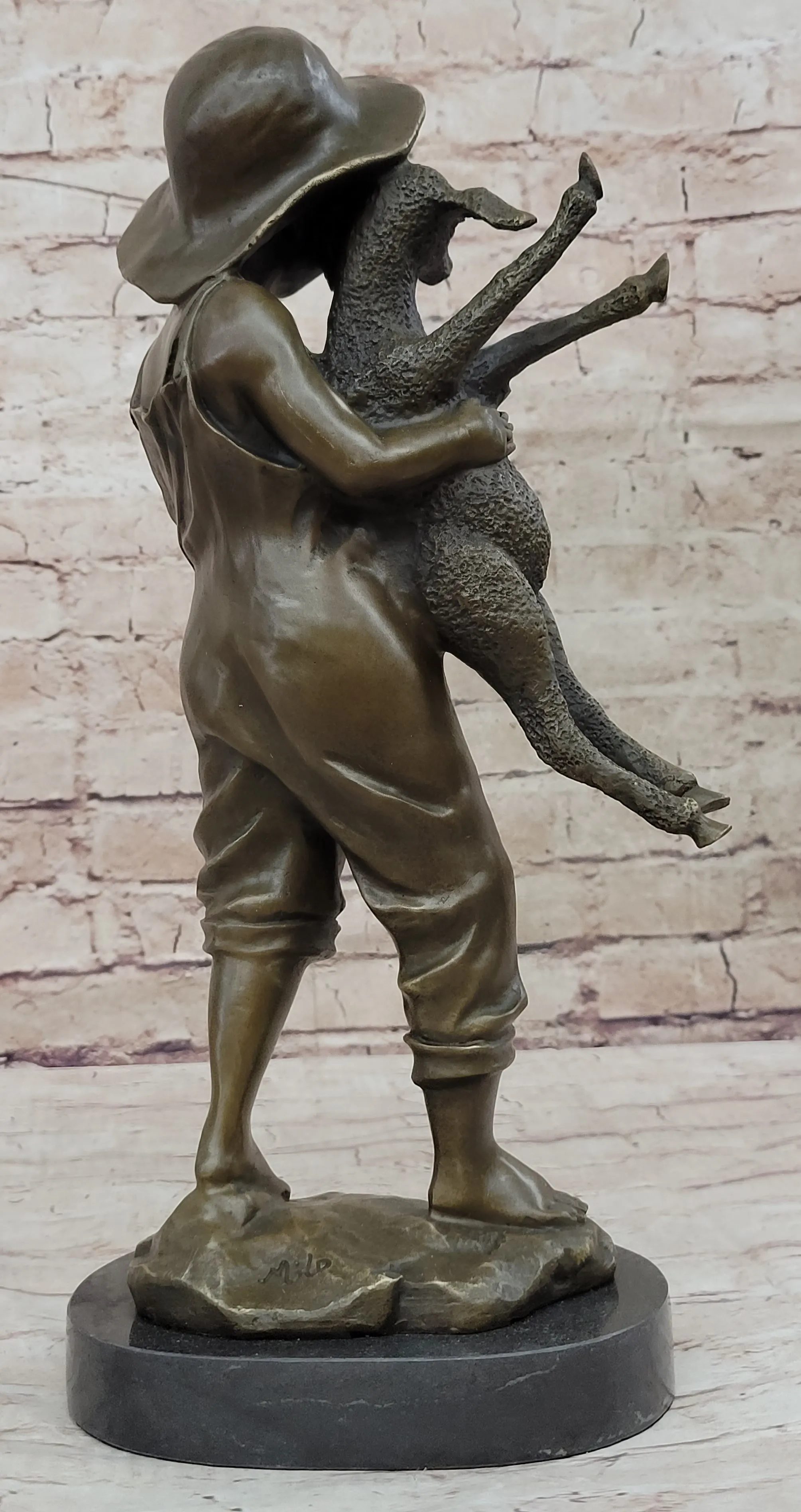 Real Bronze Metal Statue on Marble Base Young  Farm Boy & His Sheep Sculpture