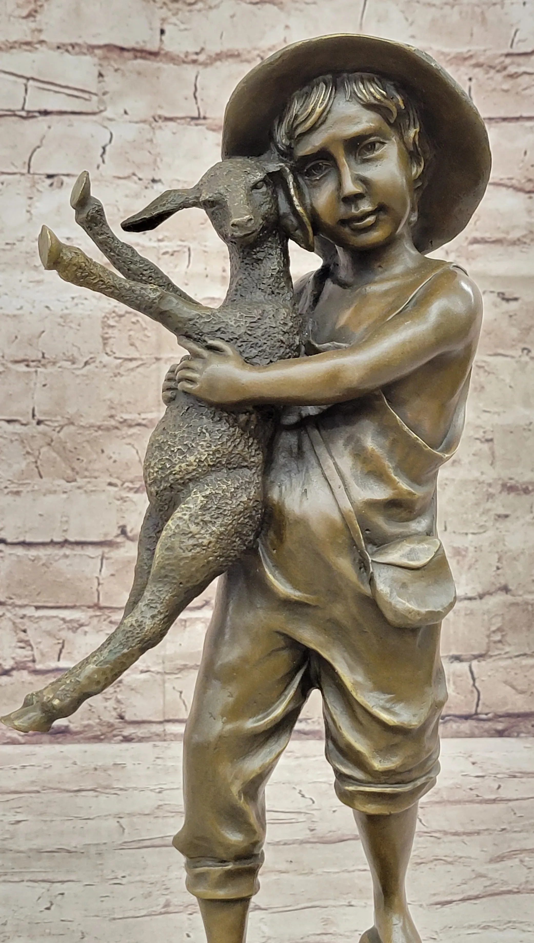 Real Bronze Metal Statue on Marble Base Young  Farm Boy & His Sheep Sculpture