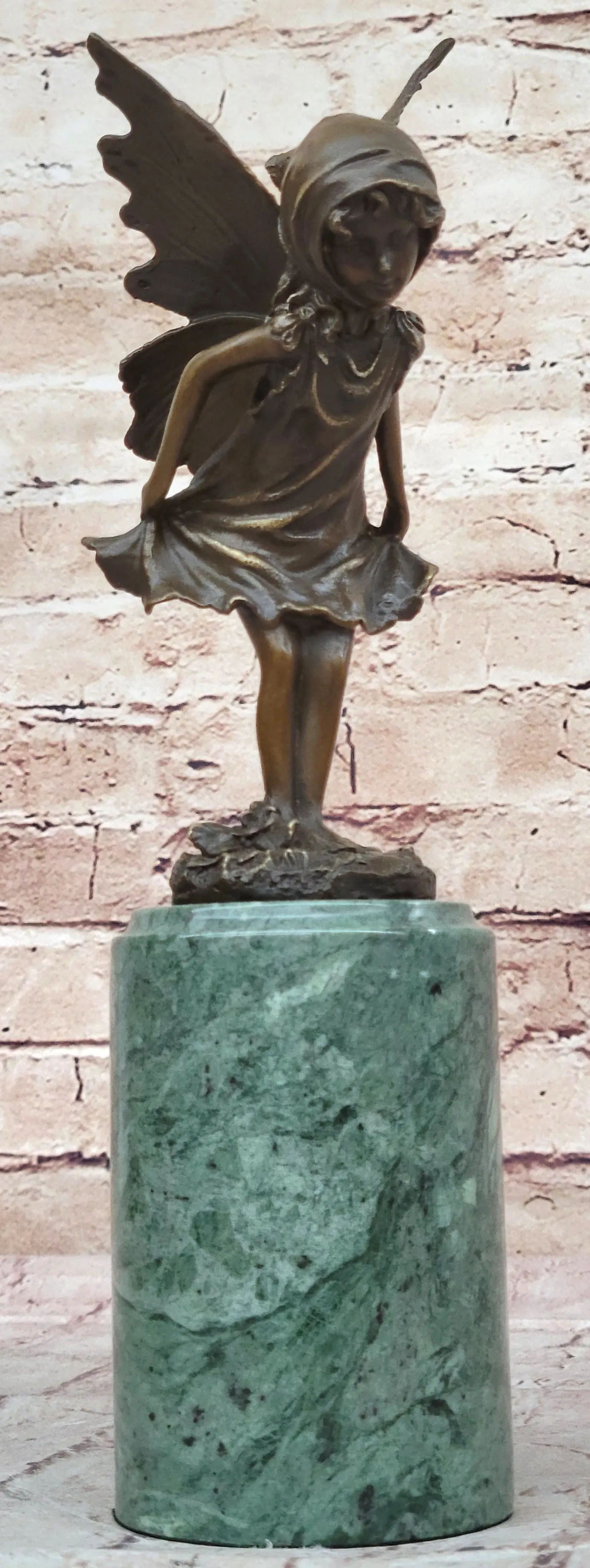 Young Fairy Angel Girl Child Bronze Sculpture Figure on Green Marble Base