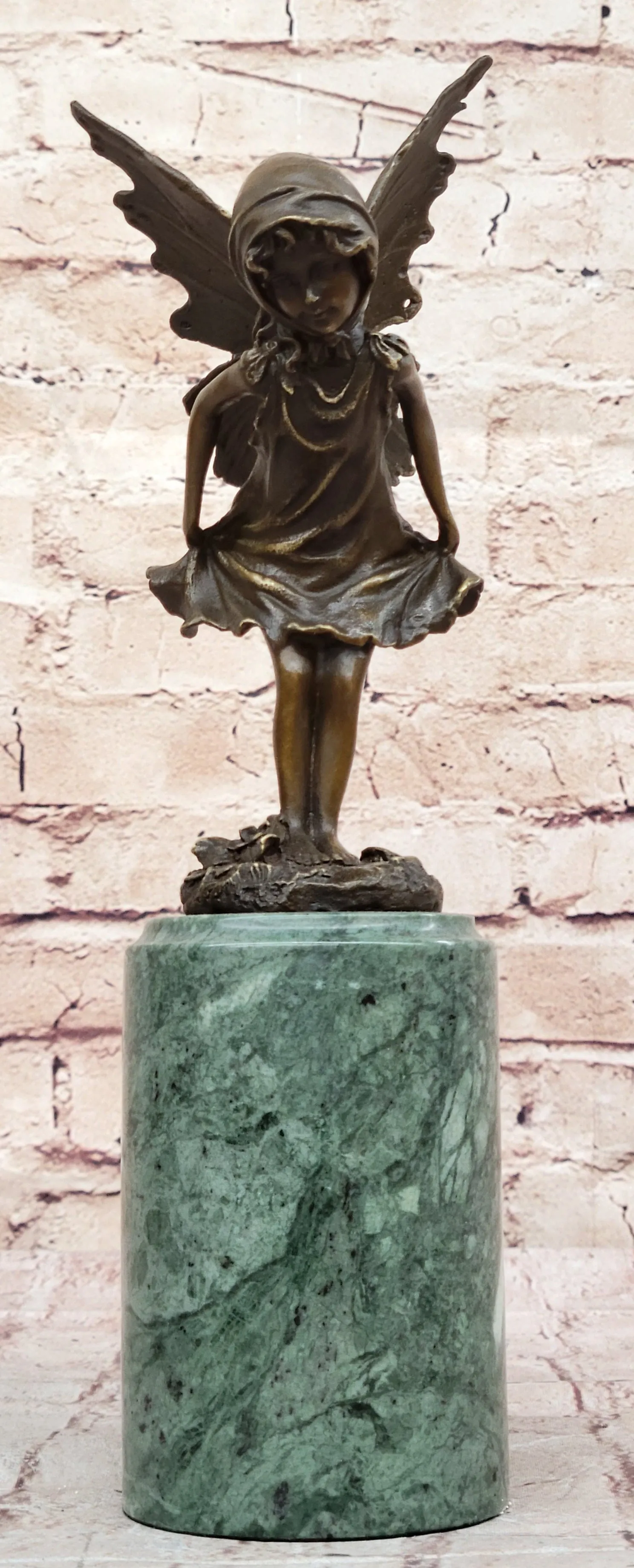 Young Fairy Angel Girl Child Bronze Sculpture Figure on Green Marble Base