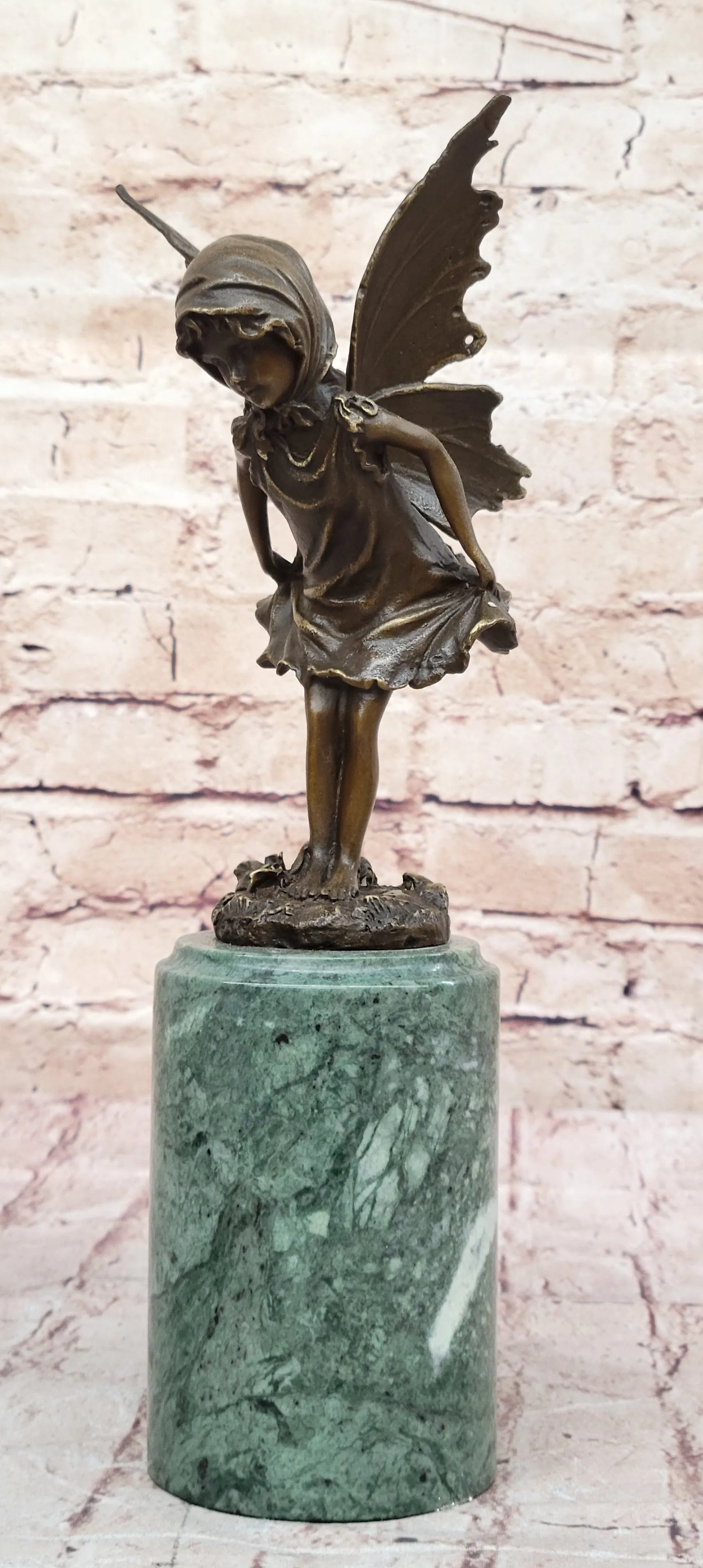 Young Fairy Angel Girl Child Bronze Sculpture Figure on Green Marble Base