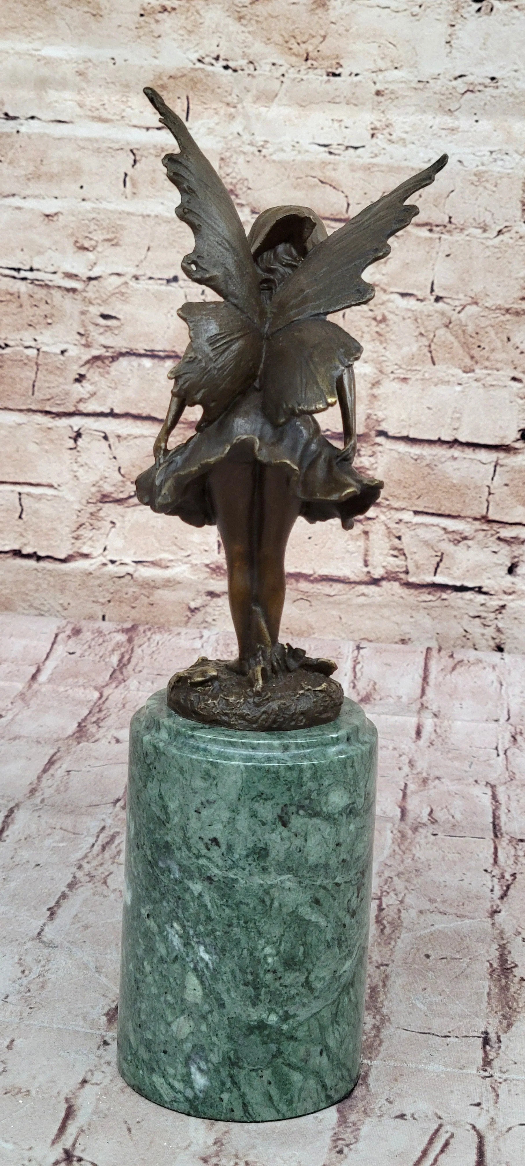 Young Fairy Angel Girl Child Bronze Sculpture Figure on Green Marble Base