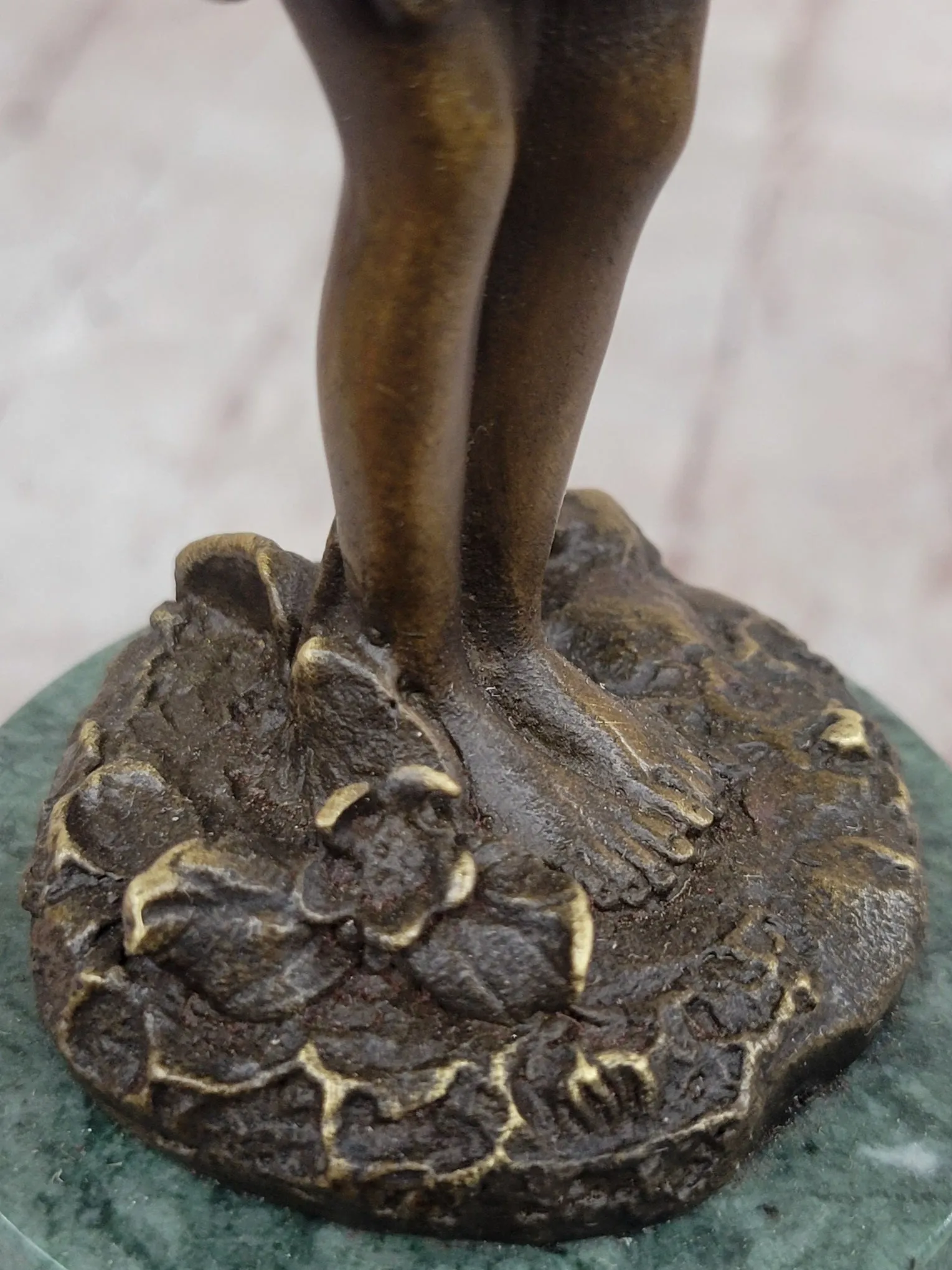 Young Fairy Angel Girl Child Bronze Sculpture Figure on Green Marble Base