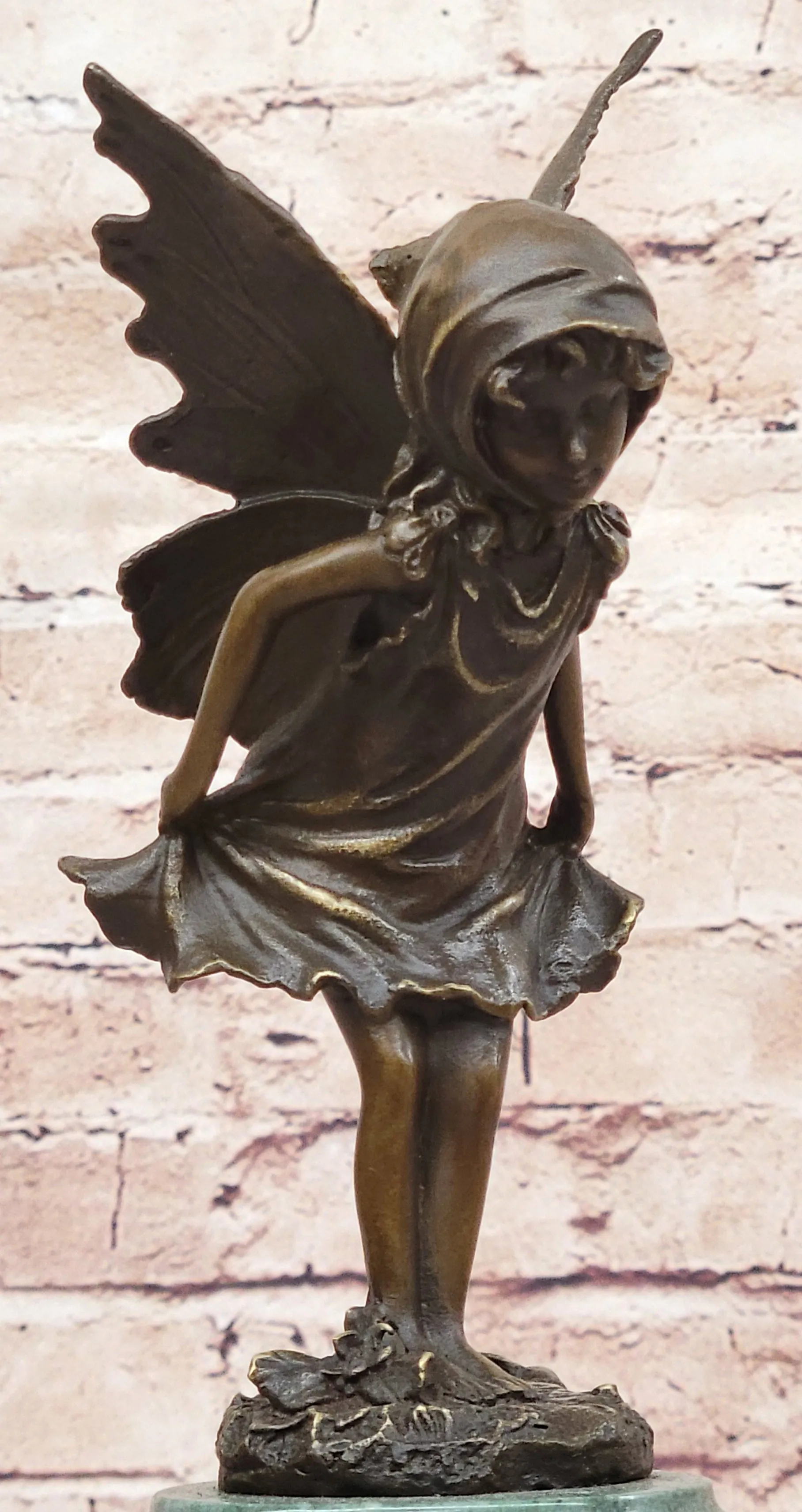 Young Fairy Angel Girl Child Bronze Sculpture Figure on Green Marble Base